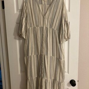 Pact Blue and White Striped Tiered Dress